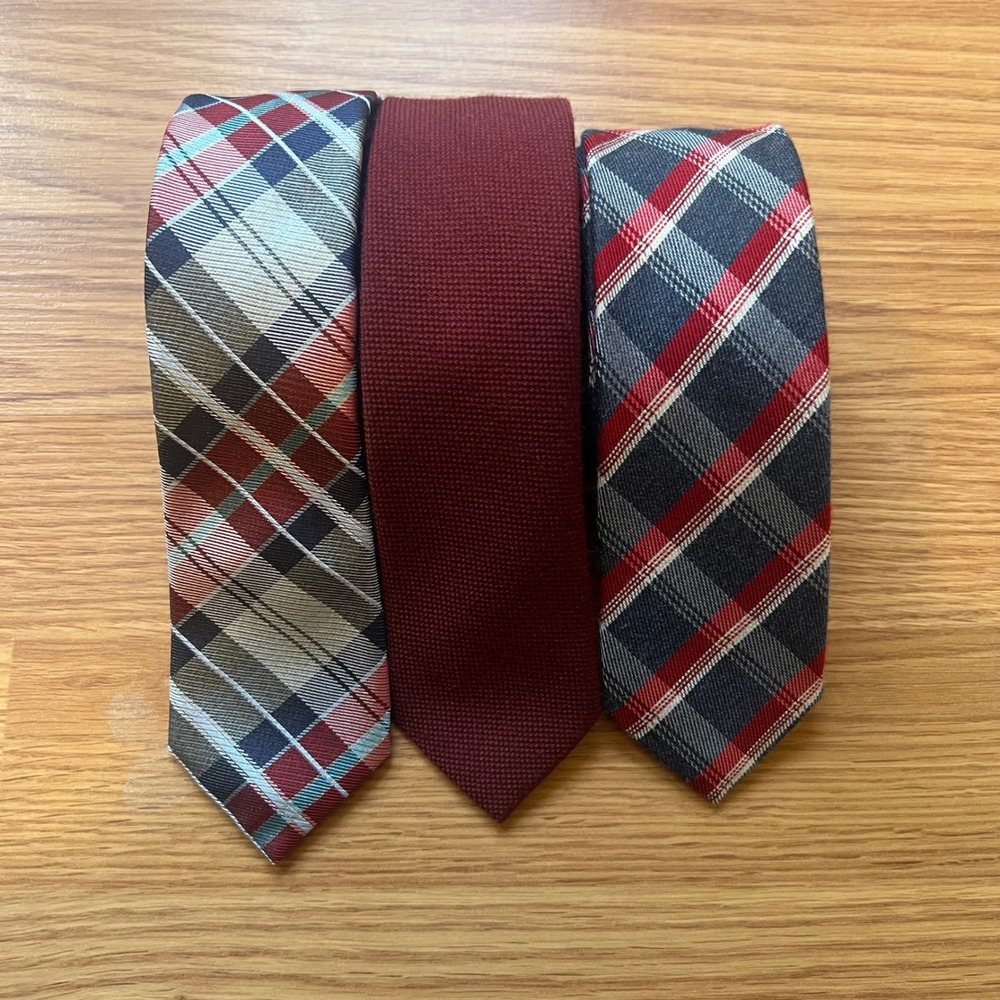 Original Penguin Mens Slim Necktie Lot of 3 Burgundy Knit Plaid Silk Wool Cotton